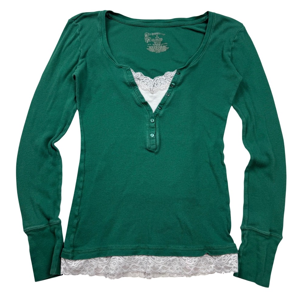 VTG Y2K No Boundaries Green Ribbed Lace Henley Long Sleeve Top M 7-9 Bella Swan